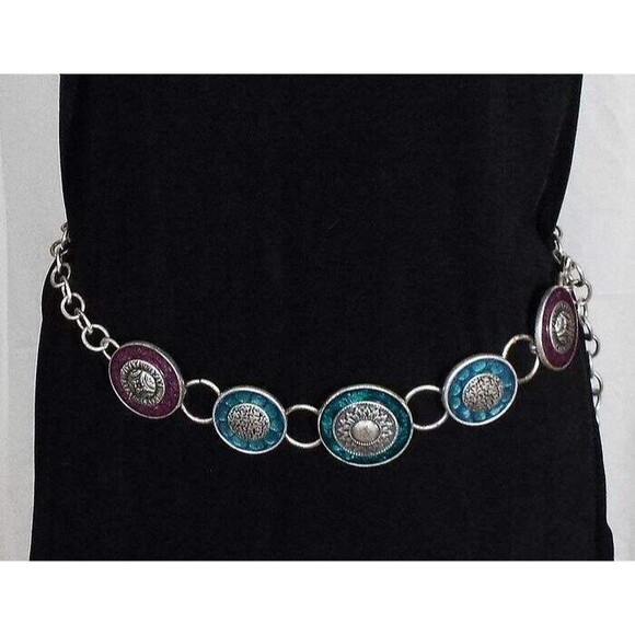 Chico's Colored Enameled Circular Metal Discs Chain Link Adjustable Belt M 8 10 - Picture 1 of 3